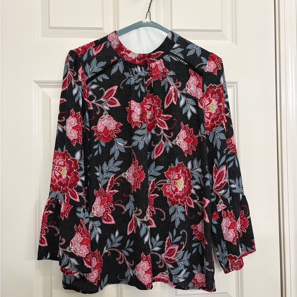 LOFT Black and Pink Ruffled Blouse with Mandarin Collar